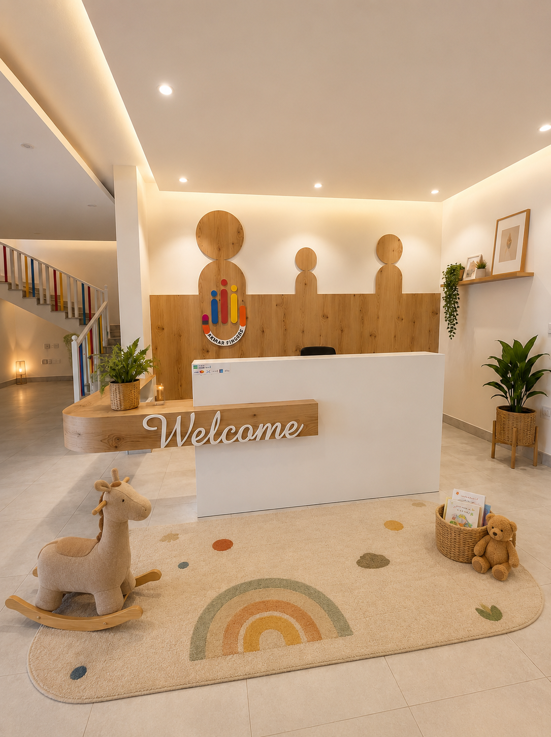 Maker Fingers Center reception and entrance with Welcome sign, wooden decor, rocking horse and teddy bear